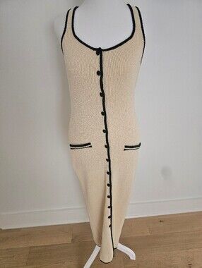 L'Academie Cream Knit Midi Dress with Black Trim